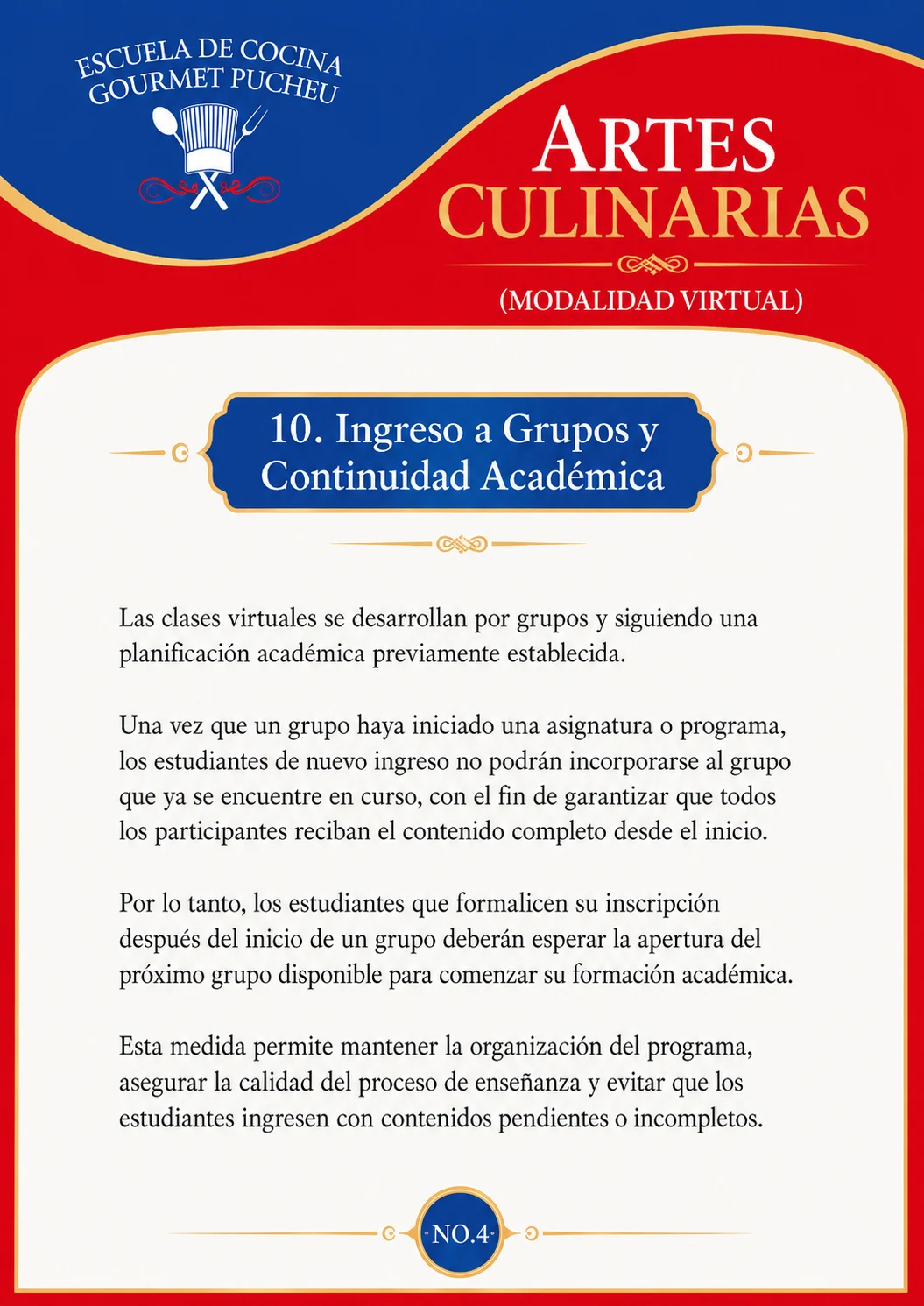 Ingreso a grupos y continuidad académica — Artes Culinarias Virtual