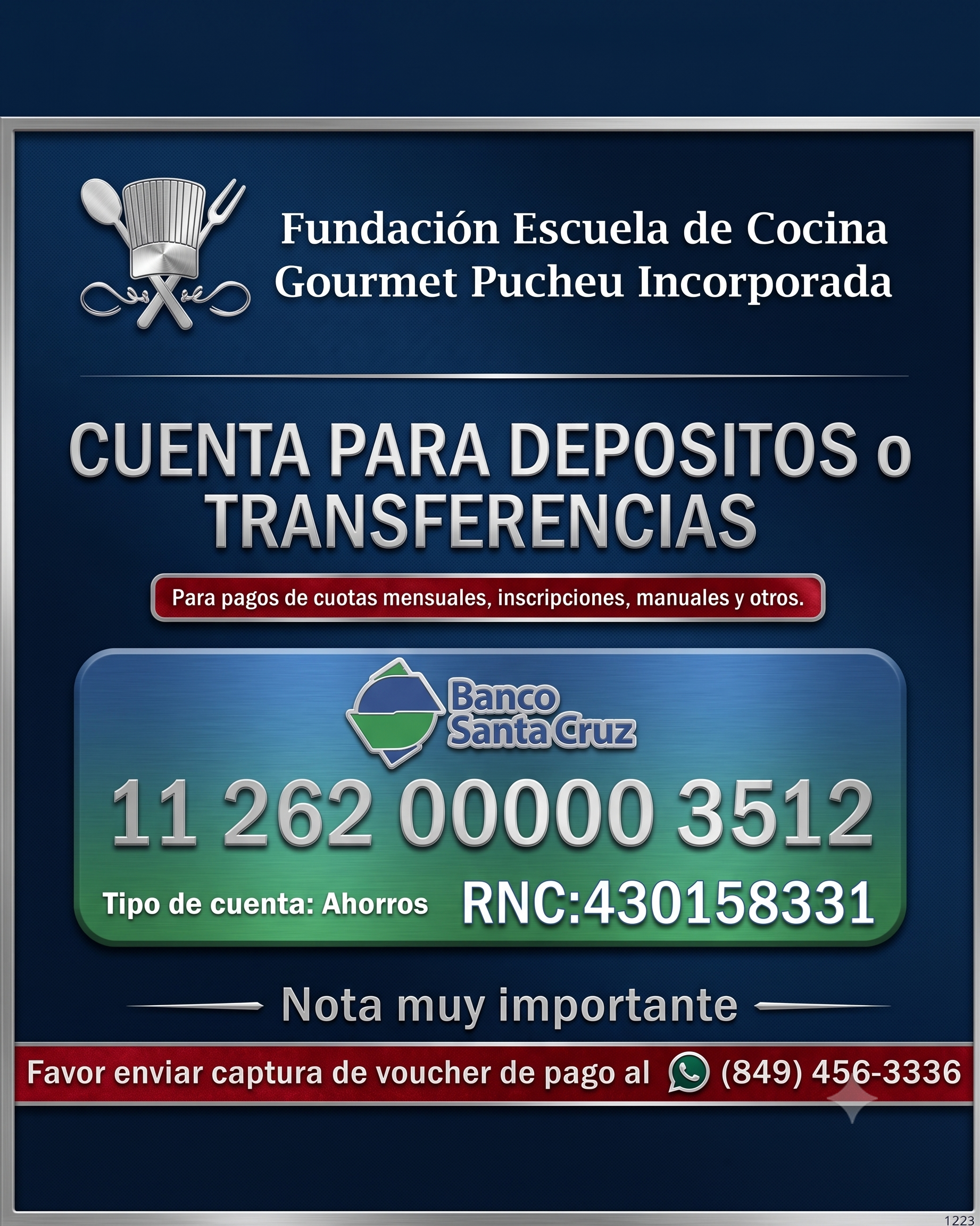 Cuenta bancaria — Banco Santa Cruz · Fundación Escuela de Cocina Gourmet Pucheu